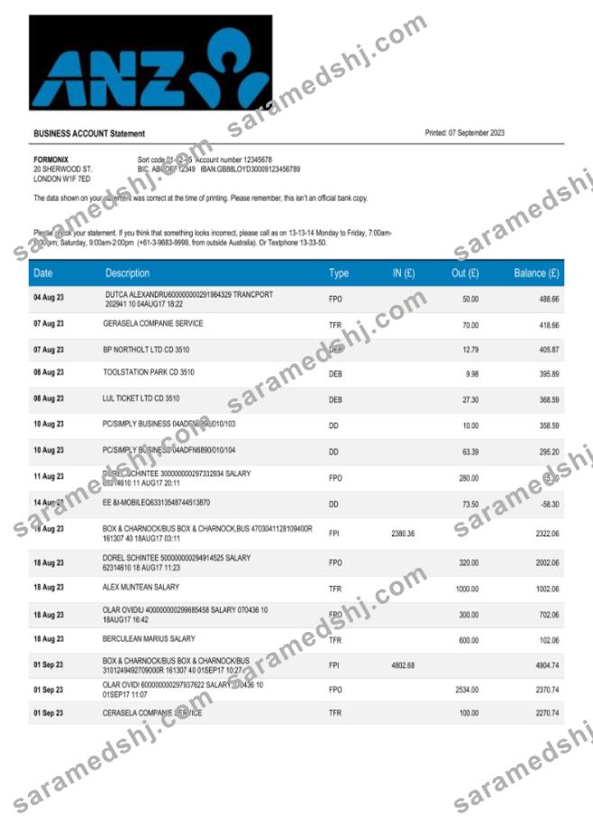 ANZ Bank corporate statement Word and PDF template